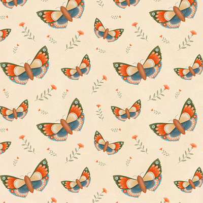 Butterfly pattern blue butterfly flowers green illustration insect nature pattern vintage warm colors