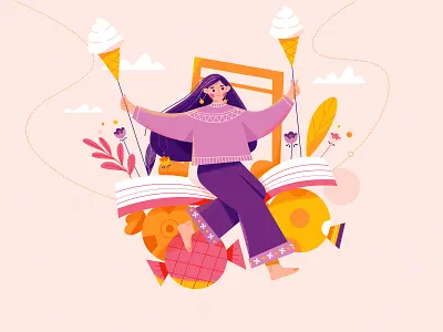 Sweet book candies character design flower girl happy ice cream illustration music nature swing