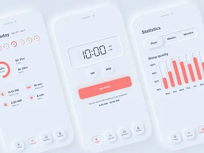 Sleep Cycle App - Neumorphism Redesign 2020 trends activity analytics clock color theory concept design data graph menu mobile navigation neumorphism overview profile skeuomorph app skeuomorphism sleep tracker statistics tracker typogaphy