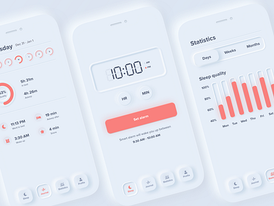 Sleep Cycle App - Neumorphism Redesign 2020 trends activity analytics clock color theory concept design data graph menu mobile navigation neumorphism overview profile skeuomorph app skeuomorphism sleep tracker statistics tracker typogaphy