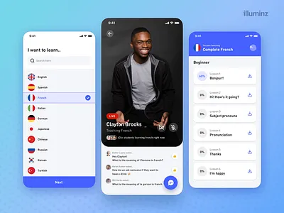 Language Learning App app app design application concept ios language language learning layout learning app learning platform listing live chat minimalist product design streaming study ui ux ui design video
