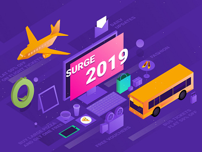 GrabOn Surge 2019 2019 3d coupons discounts flight tickets grabon graphic design illustration interface isometric landingpage offers report review shot surge vouchers year in review