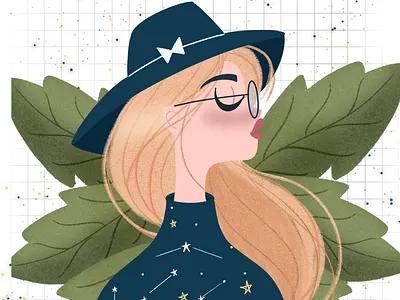 Starry Girl blonde blue fedora hat leaves nerdglasses stars sweater