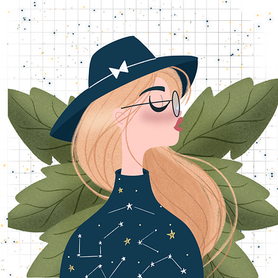 Starry Girl blonde blue fedora hat leaves nerdglasses stars sweater