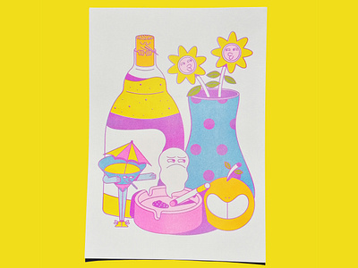 Still life - Risograph alcohol ashtray character character design cigarette cocktail color flowers illustration orange print design printmaking risograph smoke stilllife vase wine