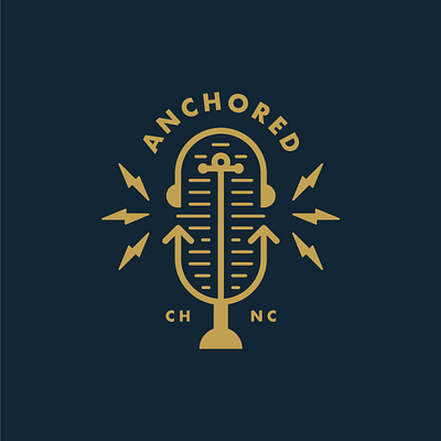 Anchored anchor branding design gold graphic design icon identity illustration lightning logo microphone navy podcast vector