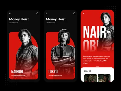 Money Heist_Character UI adobe xd app application blackandwhite character character page clean design dribbble films ios minimal moneyheist nairobi netflix tokyo typogaphy ui user interface ux