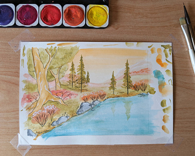 Lake landscape art hand drawn illustration ink landscape painting pen watercolor