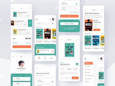 e-Book Store App app book card cart clean ebook ios login mobile profile search shop sidemenu store ui
