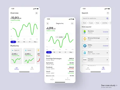 invst.io mobile app - case study app cards case chart clean crypto dark mode dashboard design figma invest market mobile platform portfolio stock ui ux ux design white