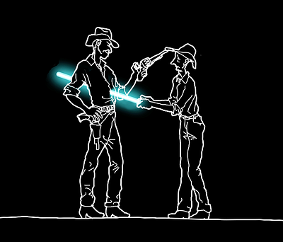 Don't bring a knife to a gun fight. Line art (white on black). after effects cowboy cowboys gun gun fight gunfight illustration illustration art illustration design illustration digital illustrator knife light saber line art lineart linework star wars western white lines wild west