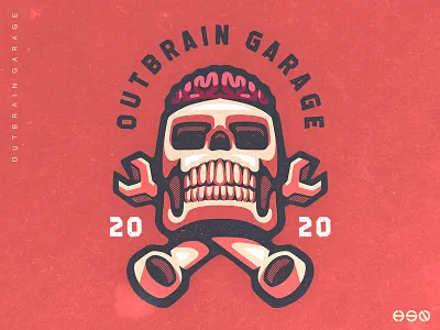 OUTBRAIN GARAGE Skull Logo artwork branding cars classic distress gaming gaming logo garage logo logodesign mascotlogo retro retro design sportslogo team logo vector vibrant colors vintage