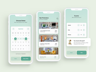 Room Rental App app application calendar card clean design digital flat gradient green minimal minimlist mobile mockup notification rent room typogaphy ui ux