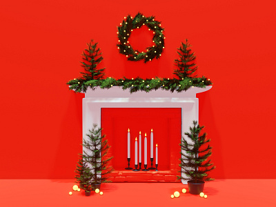 Festive Fireplace 3d art blender3d candle christmas concept dribbbleweeklywarmup fireplace illustration new year present symbol wreath