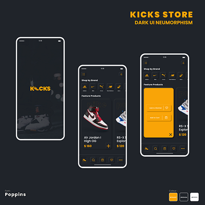 Kicks - Sneakers Dark UI Neumorphism app design design ecommerce ecommerce design interaction design mobile mobile design mobile ui neumorphic neumorphism shoes skeuomorphic sneakers ui ui design uidesigner uiux user experience ux design web design