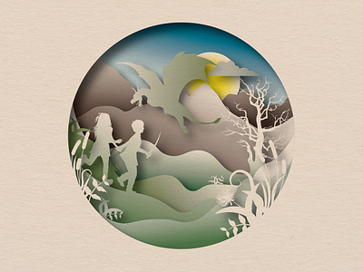 Fantasy Landscape circle dragon illustraion kids landscape moon mountains paper paper art papercut plants sky sun tree