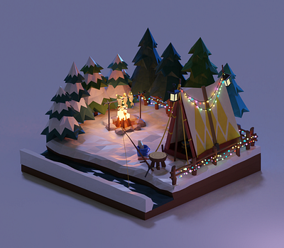 Winter Camping blender illustration isometric illustration lowpoly orthographic