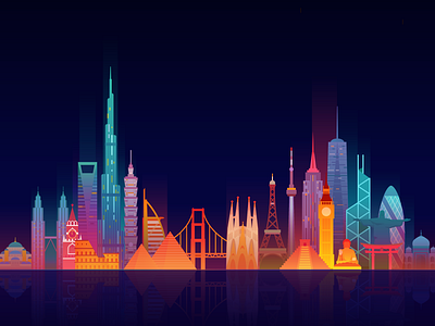 Around the World building city colorful famous illustration neon neon light sightseeing skyline skyscraper travel trip vector world