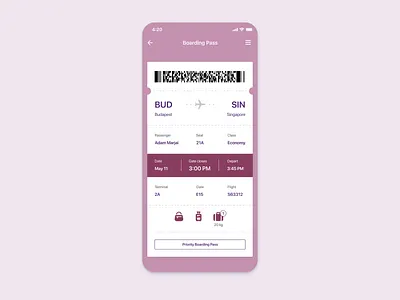 Daily UI 24 — Boarding Pass app boarding pass boardingpass daily 100 challenge dailyui dailyui024 design flight app grape mobile app ruby ticket ui