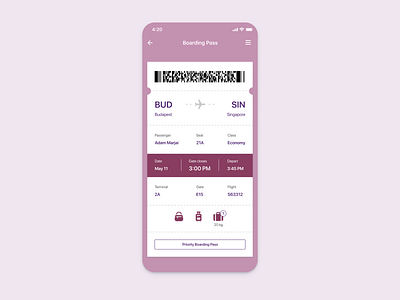 Daily UI 24 — Boarding Pass app boarding pass boardingpass daily 100 challenge dailyui dailyui024 design flight app grape mobile app ruby ticket ui