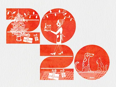 Best wishes for 2020 2020 best wishes cat christmas card christmas tree dog gift box gift card gifts illustration new year print red texture