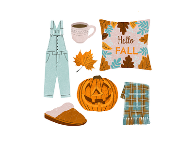 Hello Fall autumn cup fall illustration ipad leaf maple leaf mug orange overalls pillow procreate pumpkin scarf slippers