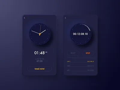 Skeuomorphic alarm and stopwatch app design darktheme neumorphism skeuomorphism ui ui design uiux