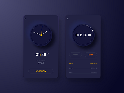 Skeuomorphic alarm and stopwatch app design darktheme neumorphism skeuomorphism ui ui design uiux