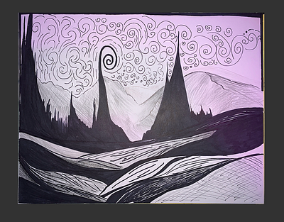 Mystical land black black and white curves mountains sharpie sketch