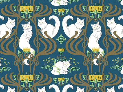 Cat Nouveau Pattern art nouveau blue blue and white brown digital illustration illustrator