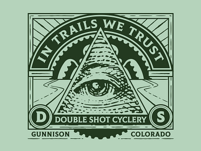 In Trails We Trust bike gear coffee shop dollar bill eye illuminati money mountain bike single track trails