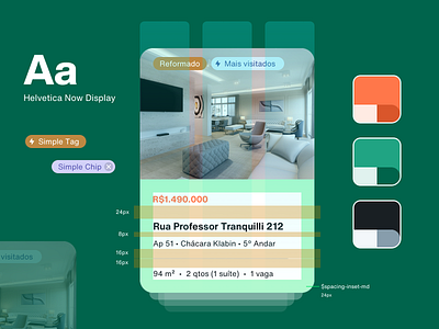 Card card colors design system design token green grid helvetica image inset orange spacings tags text