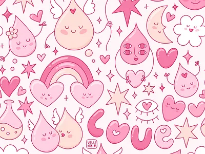 Loving droplets. Doodle Valentine's Day pattern. Illustration art artist character concept cute design doodle girl illustration love lovely lovers pattern pink red seamless stars valentine valentines day