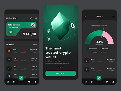 Wallet App for Crypto application crypto dark design green mobile mobile app mobile design ui ux wallet web3.0