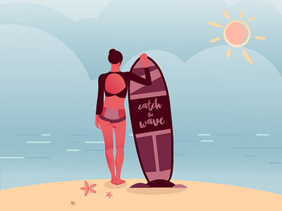 surfer woman catching the waves beach bikini blue board design flat illustration minimalist nature print design sea summer surf surfers surfing vector woman illustration