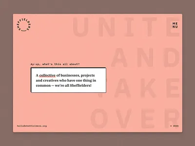 sheffielders.org directory gatsby homepage ibm plex landing page menu icon react retro salmon sheffield ui web design web development website website design