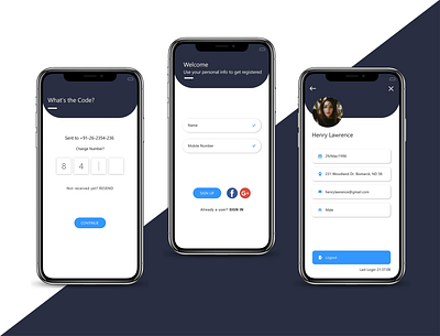 App Profile , OTP Screen app design app designer branding design logout mobile otp design mobile ui otp profile profile design profile page register design register form singup welcome screen