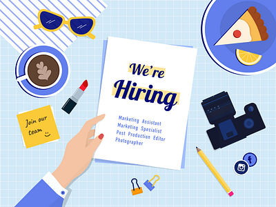 We're hiring camera design hiring illustration office supplies top view vector