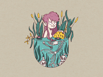 Dead mermaid characterdesign dead illustration lake leaves mermaid pink skeleton violet water water lily