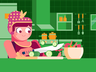 Cooking art character design flat illustration kitchen knife motiongraphic vector vegetables woman