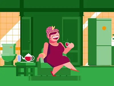 Relaxing Home art bathroom characterdesign construction happy home illustration kitchen motiongraphic relax repair tea tile vector wall woman