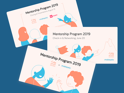 Mentorship Series blue card card design challenge character design couple friends girl illustration ladies that ux amsterdam ltux mentorship minimal networking pink presentation teamwork two color vector