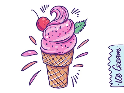Cherry Ice Cream cartoon cherry cone cute design dessert illustration line mint pink sketch summer sweet vector waffle