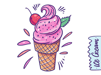 Cherry Ice Cream cartoon cherry cone cute design dessert illustration line mint pink sketch summer sweet vector waffle