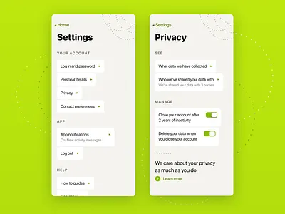 007 - Settings daily ui dailyui data green list items preferences privacy settings settings ui