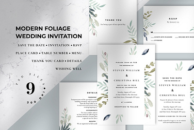 Modern Foliage Wedding Invitation anniversary card design diy elegant feminine foliage greeting invitation invitations invite leaf leaves minimal minimalist modern save the date watercolor wedding card wedding invitation