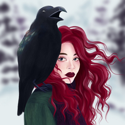 Raven Queen animal animals digital forest illustration raven winter witch witchy