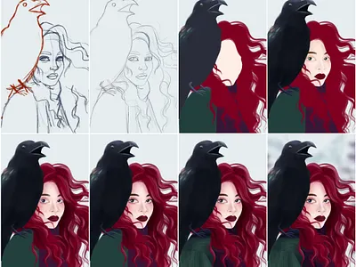 Raven Queen - process animal digital forest illustration painting step by step winter witch witchy