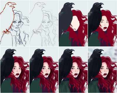 Raven Queen - process animal digital forest illustration painting step by step winter witch witchy