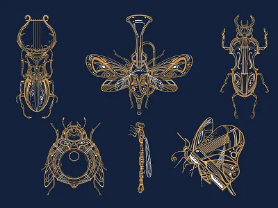 insectruments bug drum graphics harp illustration insect instruments metamorphosis music musical instruments oboe piano trumpet viola